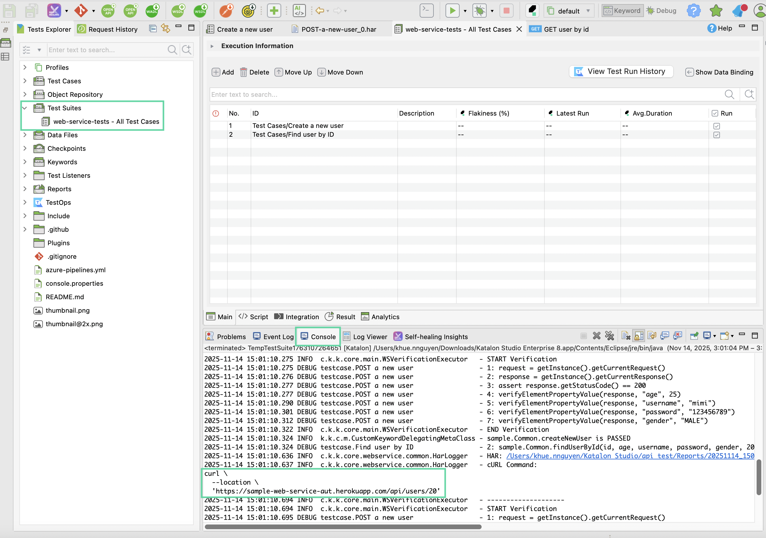 test suite test case display curl